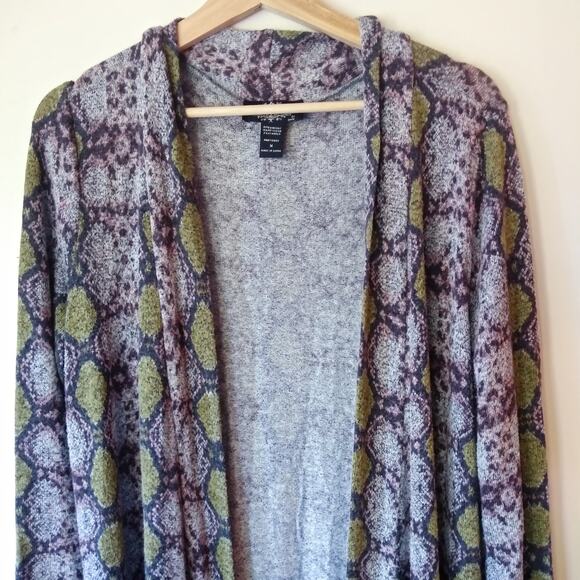 Oliver Escio M Snake Print Cardigan Duster Sweater Lightweight Boho Gray Green - Picture 3 of 10